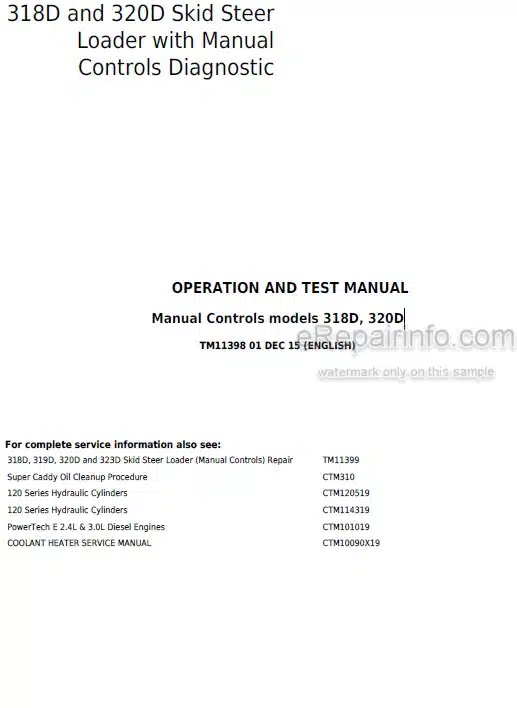 Photo 5 - John Deere 318D 320D Operation And Test Manual Skid Steer Loader With Manual Control TM11398