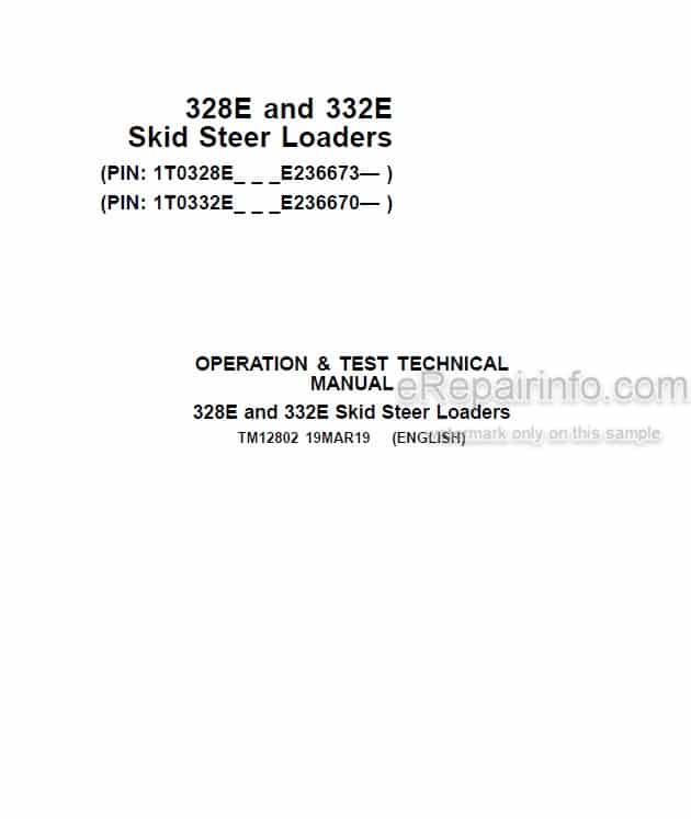 Photo 4 - John Deere 328E 332E Operation And Test Manual Skid Steer Loader TM12802