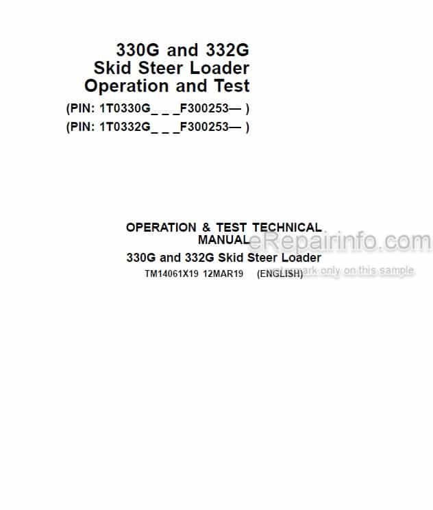 Photo 5 - John Deere 330G 332G Operation And Test Manual Skid Steer Loader TM14061X19