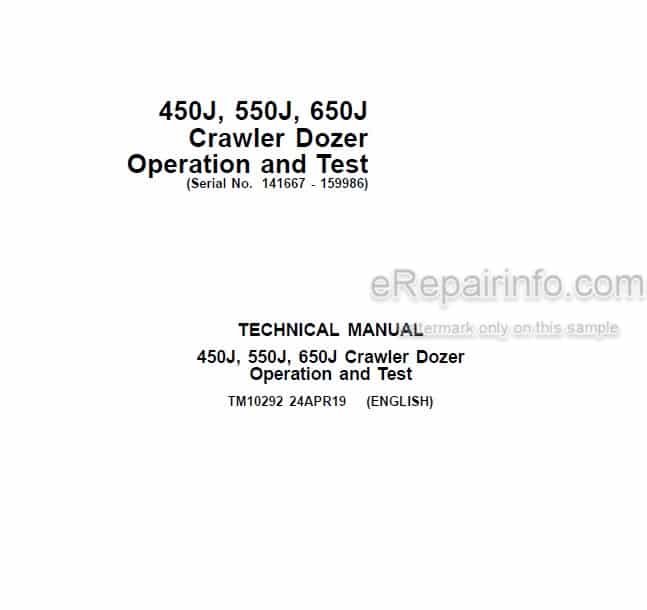 Photo 5 - John Deere 450J 550J 650J Operation And Test Manual Crawler Dozer TM10292