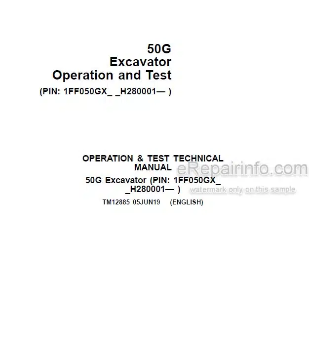 Photo 5 - John Deere 50G Operation And Test Manual Excavator TM12885