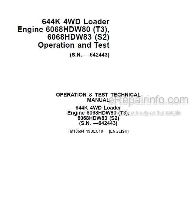 Photo 4 - John Deere 644K 6068HDW80 6068HDW83 Operation And Test Manual 4WD Loader And Engine TM10694
