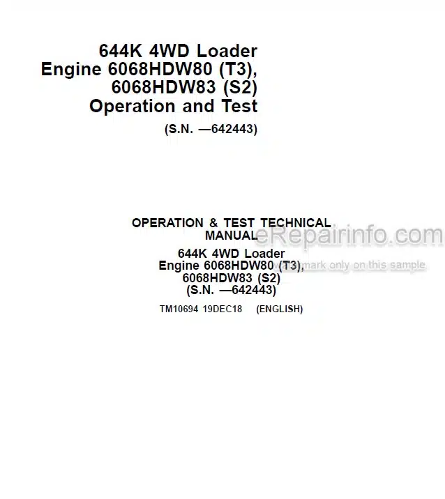 Photo 4 - John Deere 644K 6068HDW80 6068HDW83 Operation And Test Manual 4WD Loader And Engine TM10694