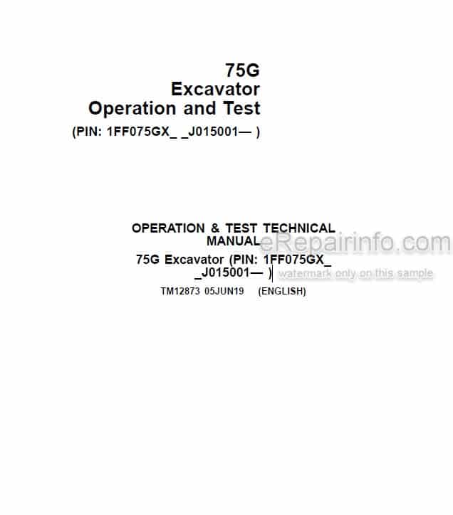 Photo 4 - John Deere 75G Operation And Test Manual Excavator TM12873