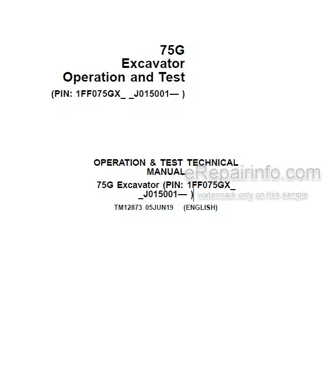 Photo 4 - John Deere 75G Operation And Test Manual Excavator TM12873