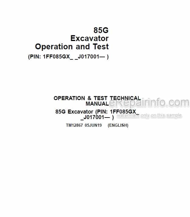 Photo 4 - John Deere 85G Operation And Test Manual Excavator TM12867