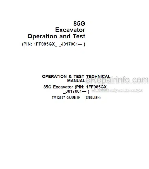 Photo 4 - John Deere 85G Operation And Test Manual Excavator TM12867