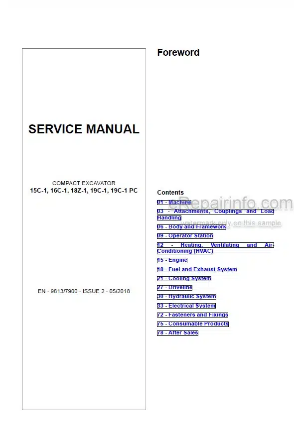 Photo 5 - JCB 15C-1 16C-1 18Z-1 19C-1 19C-1PC Service Manual Compact Excavator 9813-7900