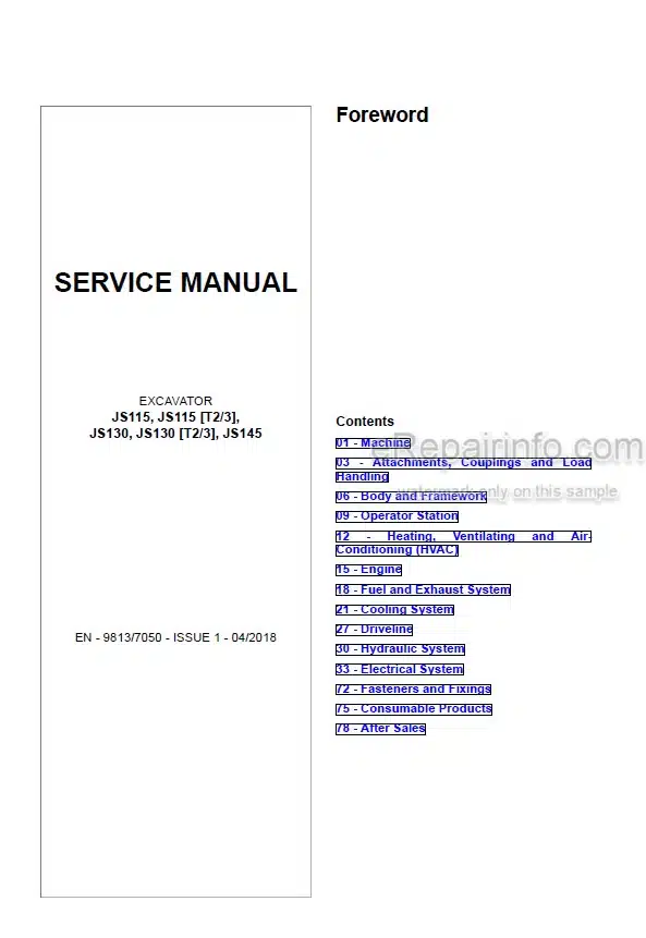 Photo 5 - JCB JS115 JS115 T2-3 JS130 JS130 T2-3 JS145 Service Manual Excavator 9813-7050