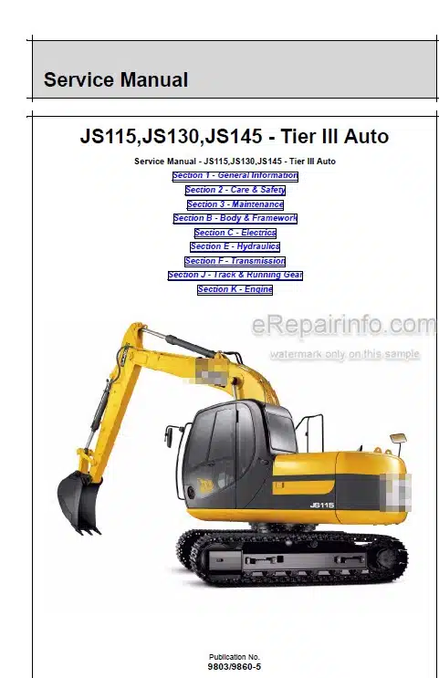 Photo 5 - JCB JS115 JS130 JS145 Tier III Auto Service Manual Excavator 9803-9860