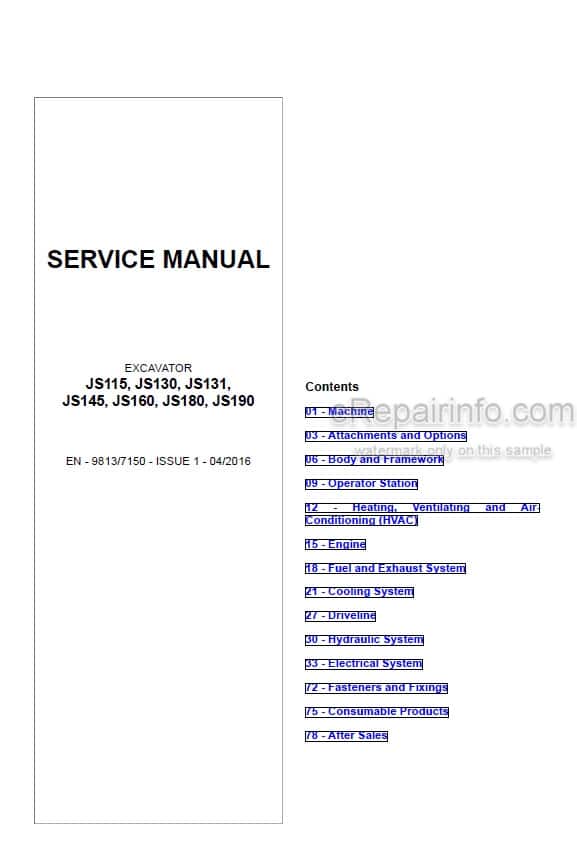 Photo 5 - JCB JS115 JS130 JS131 JS145 JS160 JS180 JS190 Service Manual Excavator 9813-7150
