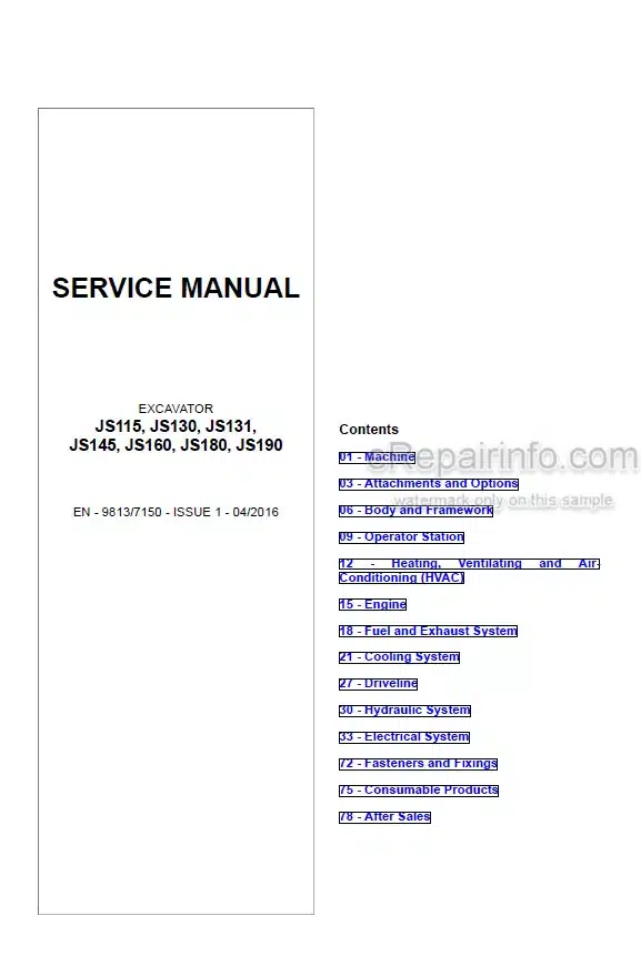 Photo 5 - JCB JS115 JS130 JS131 JS145 JS160 JS180 JS190 Service Manual Excavator 9813-7150