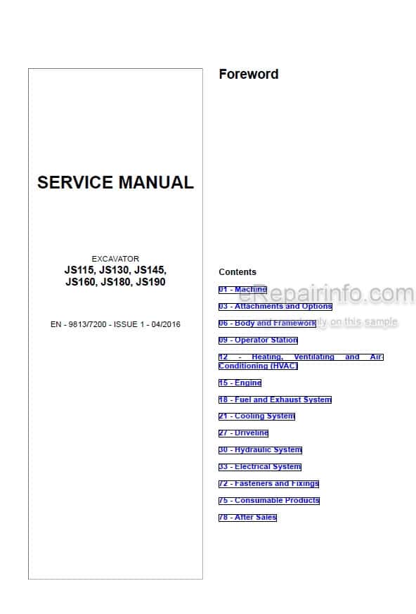 Photo 5 - JCB JS115 JS130 JS145 JS160 JS180 JS190 Service Manual Excavator 9813-7200