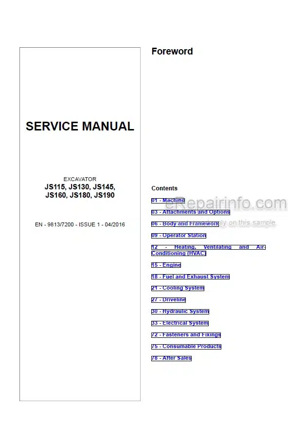 Photo 5 - JCB JS115 JS130 JS145 JS160 JS180 JS190 Service Manual Excavator 9813-7200