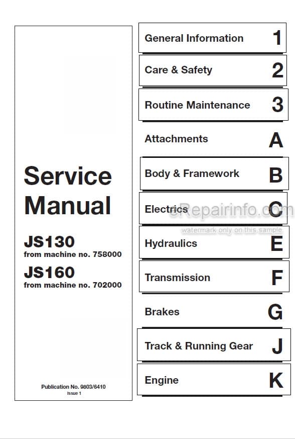 Photo 5 - JCB JS130 JS160 Service Manual Excavator 9803-6410
