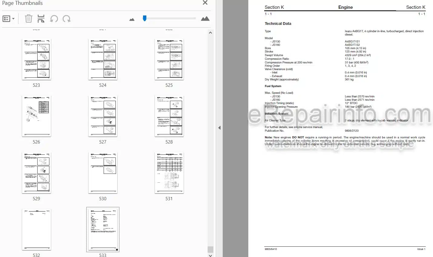 Photo 4 - JCB JS130 JS160 Service Manual Excavator 9803-6410