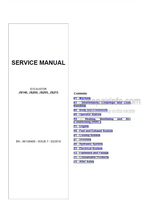 Photo 5 - JCB JS140 JS200 JS205 JS215 Service Manual Excavator 9813-0400