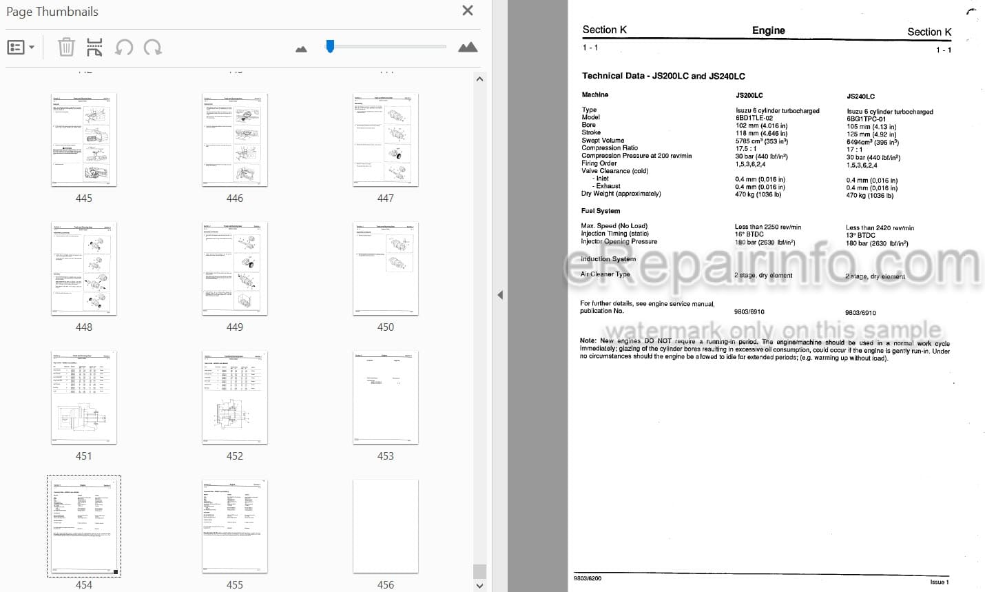 Photo 4 - JCB JS200LC JS240LC JS300LC JS450LC Service Manual Excavator 9803-6200