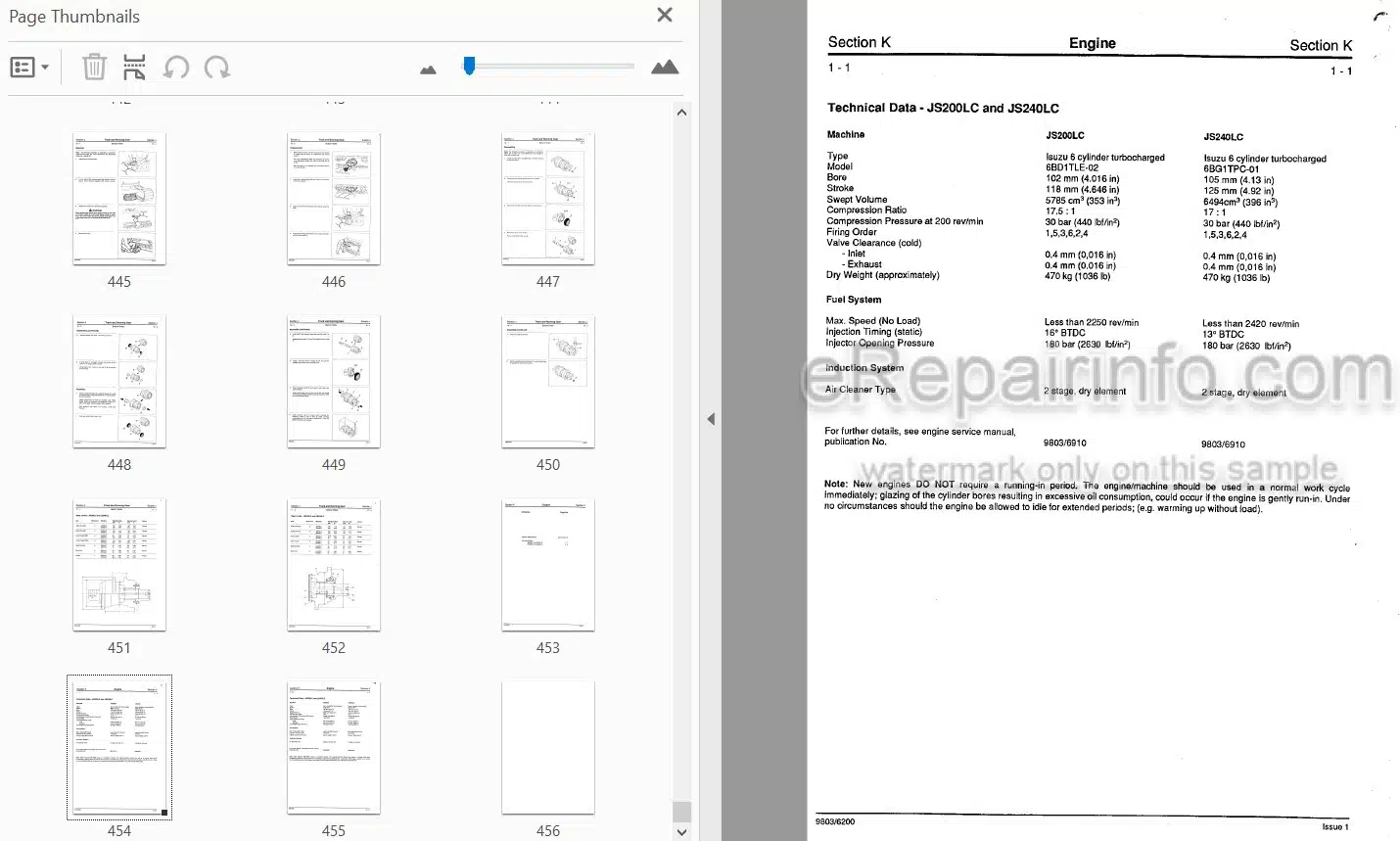Photo 4 - JCB JS200LC JS240LC JS300LC JS450LC Service Manual Excavator 9803-6200