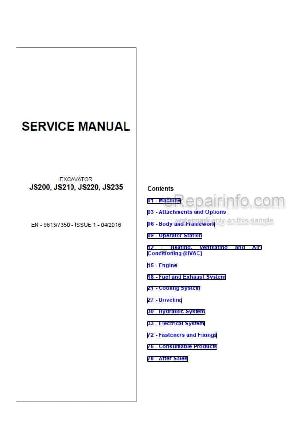 Photo 5 - JCB JS200 JS210 JS220 JS235 Service Manual Excavator 9813-7350