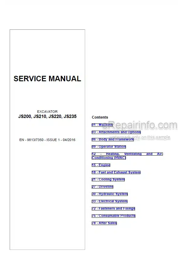Photo 5 - JCB JS200 JS210 JS220 JS235 Service Manual Excavator 9813-7350