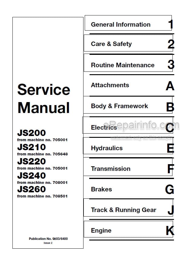 Photo 5 - JCB JS200 JS210 JS220 JS240 JS260 Service Manual Excavator 9803-6400