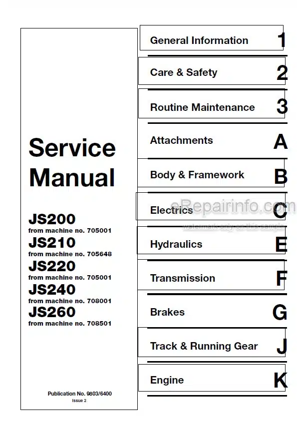 Photo 5 - JCB JS200 JS210 JS220 JS240 JS260 Service Manual Excavator 9803-6400