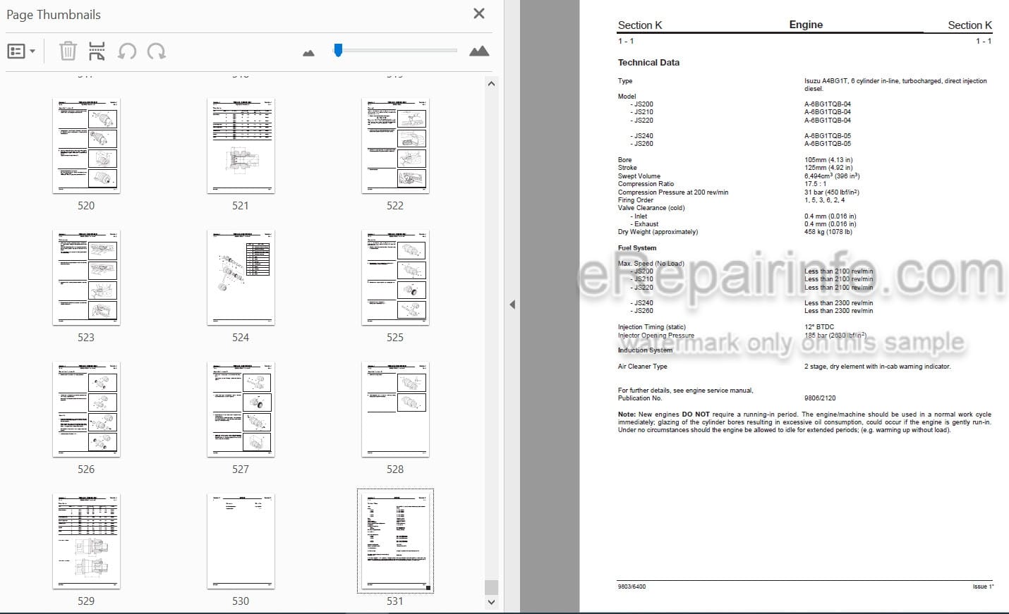 Photo 4 - JCB JS200 JS210 JS220 JS240 JS260 Service Manual Excavator 9803-6400