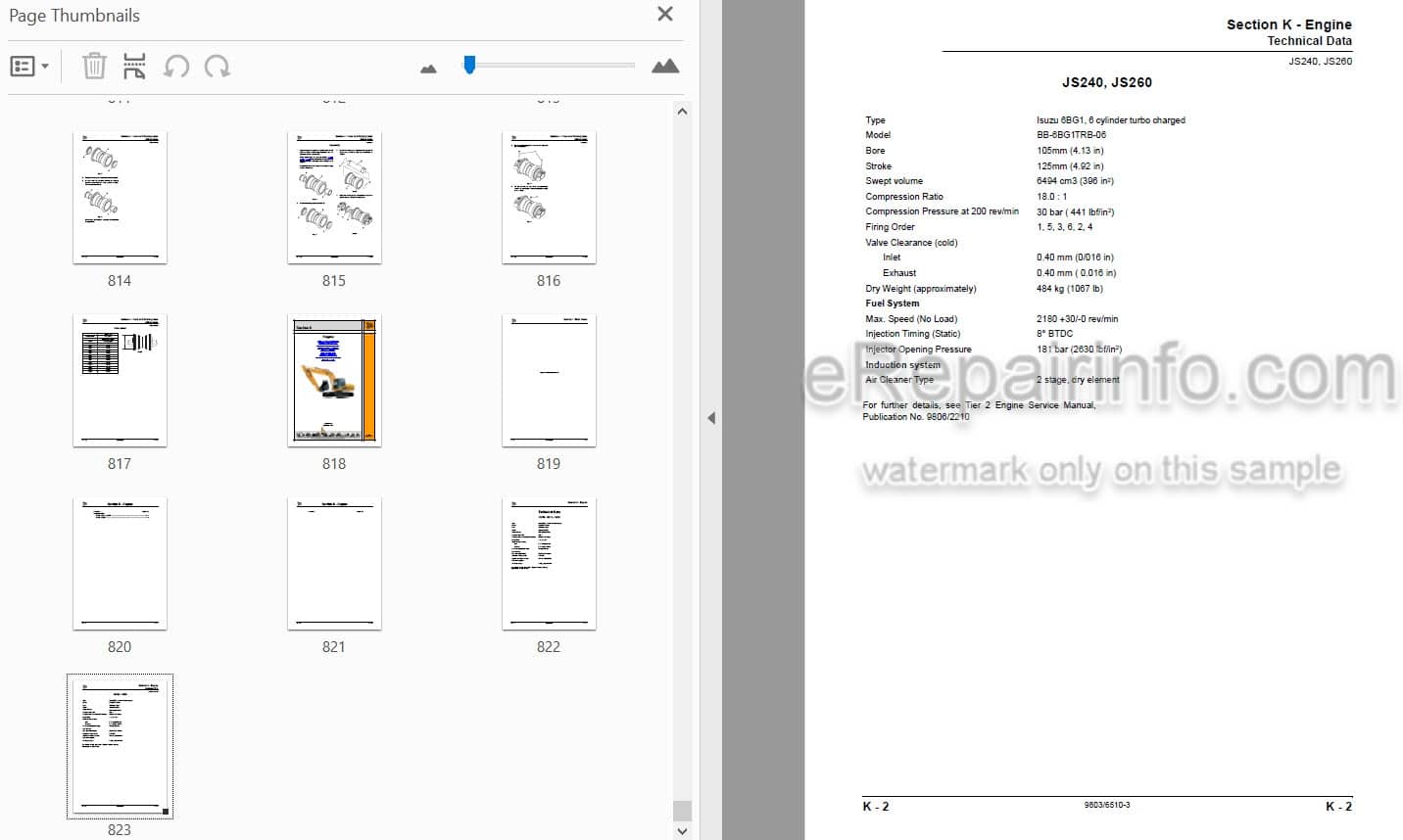 Photo 3 - JCB JS200 JS210 JS220 JS240 JS260 Service Manual Excavator 9803-6510