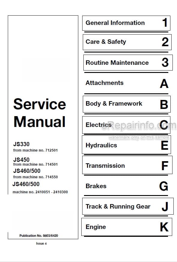 Photo 5 - JCB JS330 JS450 JS460 JS500 Service Manual Excavator 9803-6420
