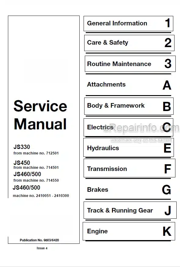 Photo 5 - JCB JS330 JS450 JS460 JS500 Service Manual Excavator 9803-6420
