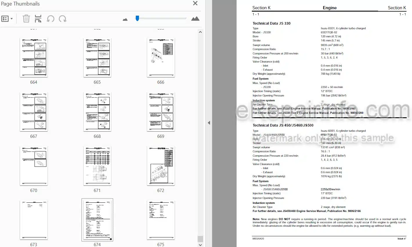 Photo 4 - JCB JS330 JS450 JS460 JS500 Service Manual Excavator 9803-6420