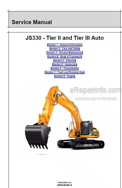 Photo 5 - JCB JS330 Tier II Tier III Auto Service Manual Excavator 9803-6540