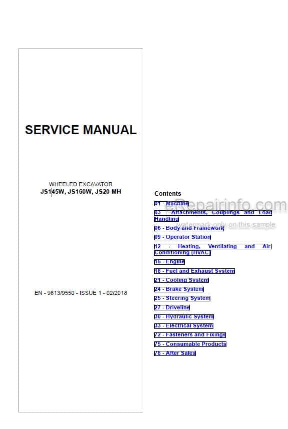 Photo 4 - JSB JS145W JS160W JS20MH Service Manual Wheel Excavator 9813-9550