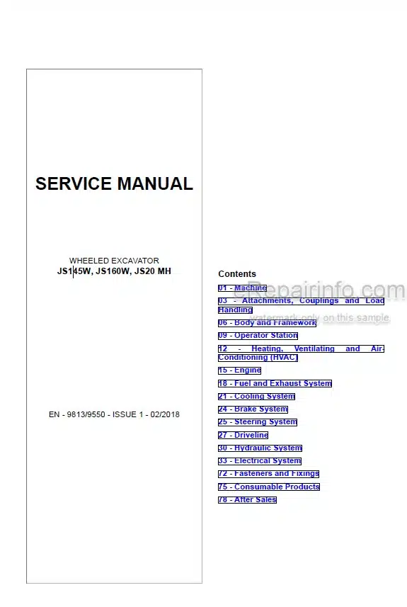 Photo 4 - JSB JS145W JS160W JS20MH Service Manual Wheel Excavator 9813-9550