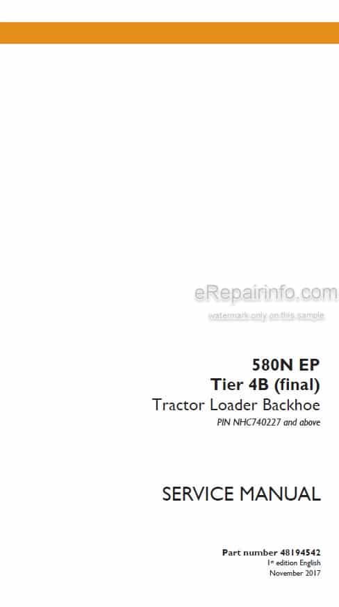 Photo 4 - Case 580NEP Tier 4B Final Service Manual Tractor Loader Backhoe 48194542
