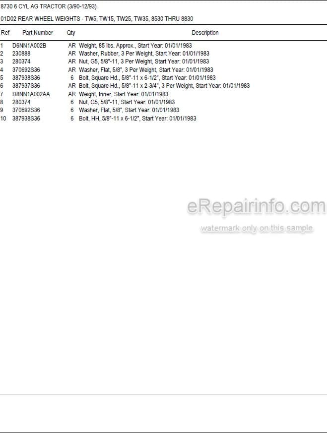 Photo 5 - Ford New Holland 8730 Illustrated Parts List Manual 6 Cylinder Ag Tractor
