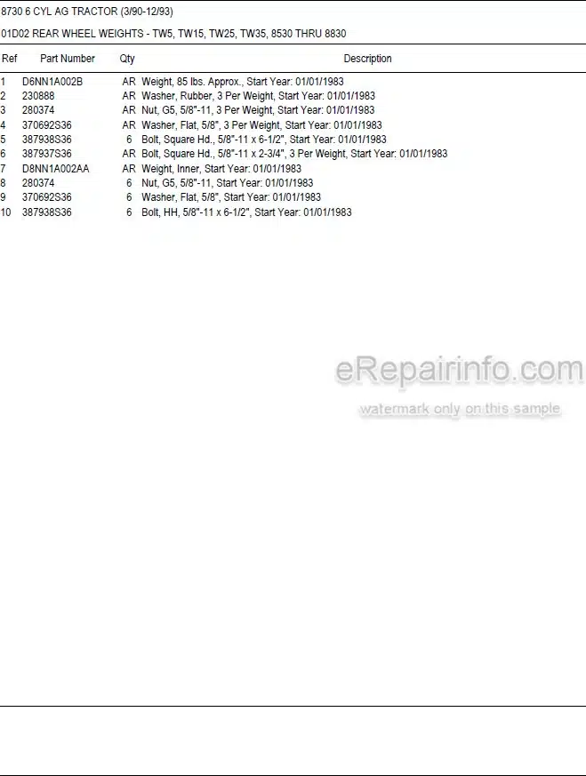 Photo 5 - Ford New Holland 8730 Illustrated Parts List Manual 6 Cylinder Ag Tractor