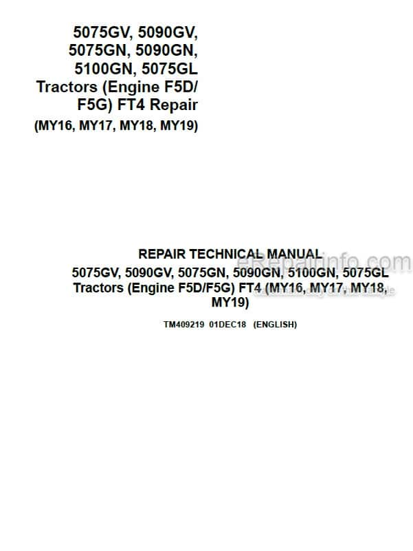 Photo 4 - John Deere 5075GV 5090GV 5075GN 5090GN 5100GN 5075GL Repair Manual Tractor TM409219