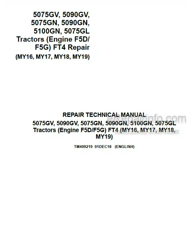 Photo 4 - John Deere 5075GV 5090GV 5075GN 5090GN 5100GN 5075GL Repair Manual Tractor TM409219