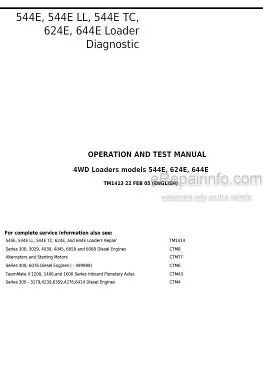 Photo 5 - John Deere 544E 544E LL 544E TC 624E 644E Operation And Test Manual Loader TM1413