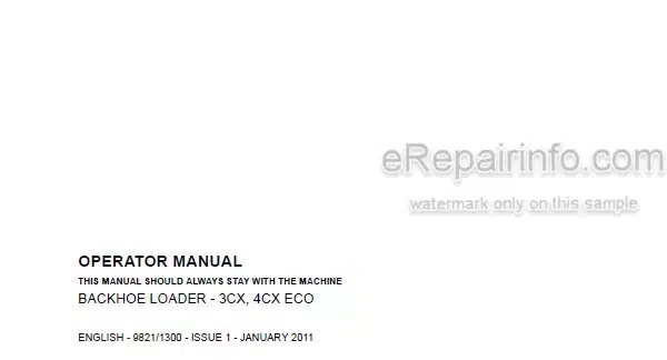 Photo 5 - JCB 3CX 4CX ECO Operators Manual Backhoe Loader 9821-1300