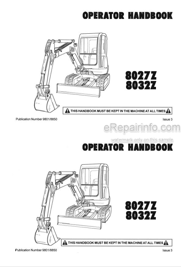 Photo 3 - JCB 8027Z 8032Z Operators Handbook Compact Excavator 9801-8850