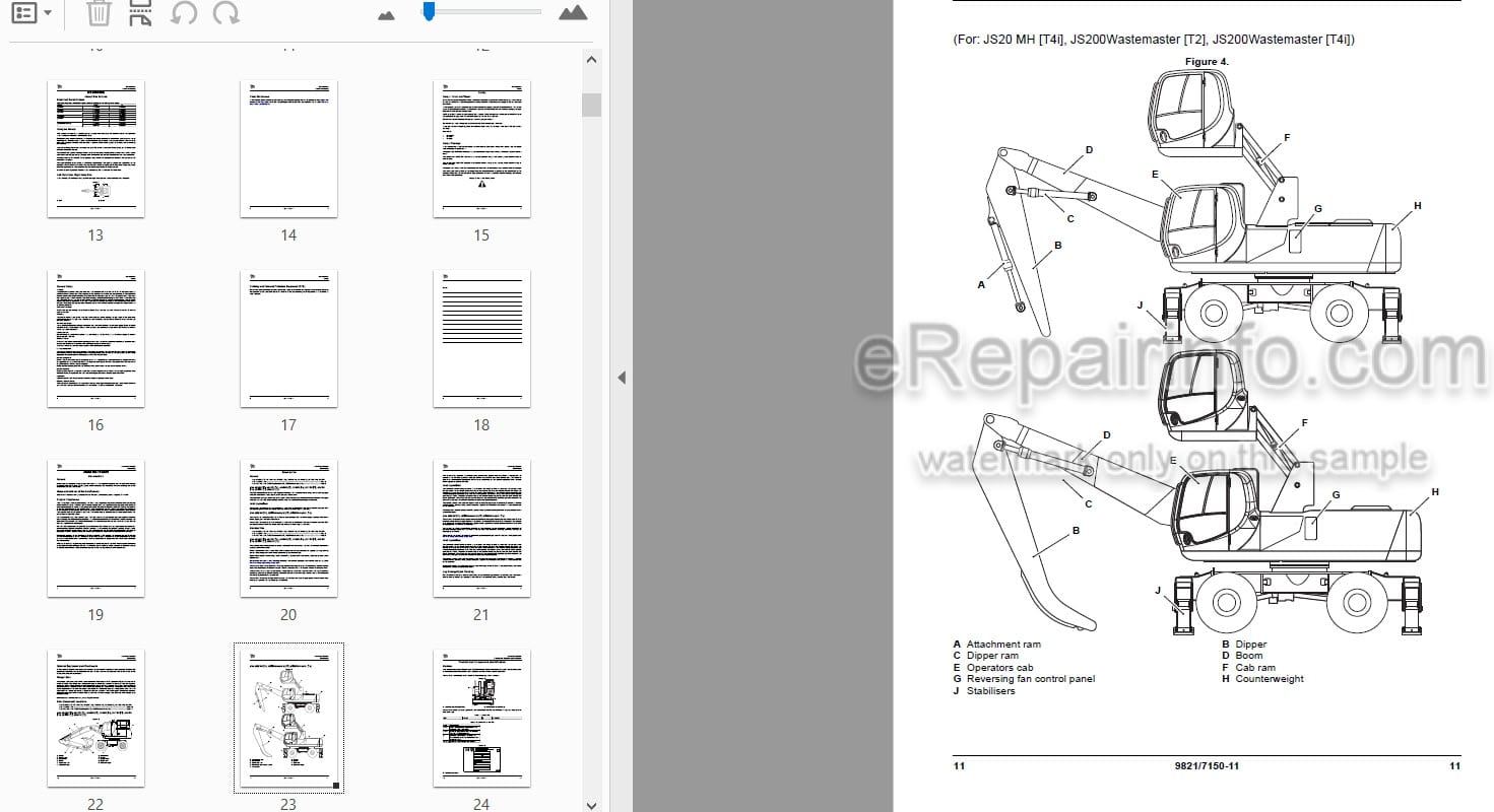 Photo 4 - JCB JS145W JS160W JS175W JS20MH JS200W JS200 Wastemaster Operators Manual Wheeled Excavator 9821-7150