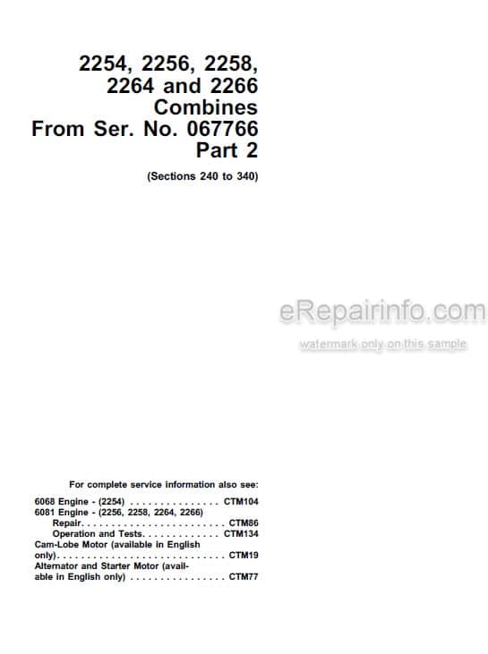 Photo 5 - John Deere 2254 2256 2258 2264 2266 Technical Repair Operation And Test Manual Combine TM4594