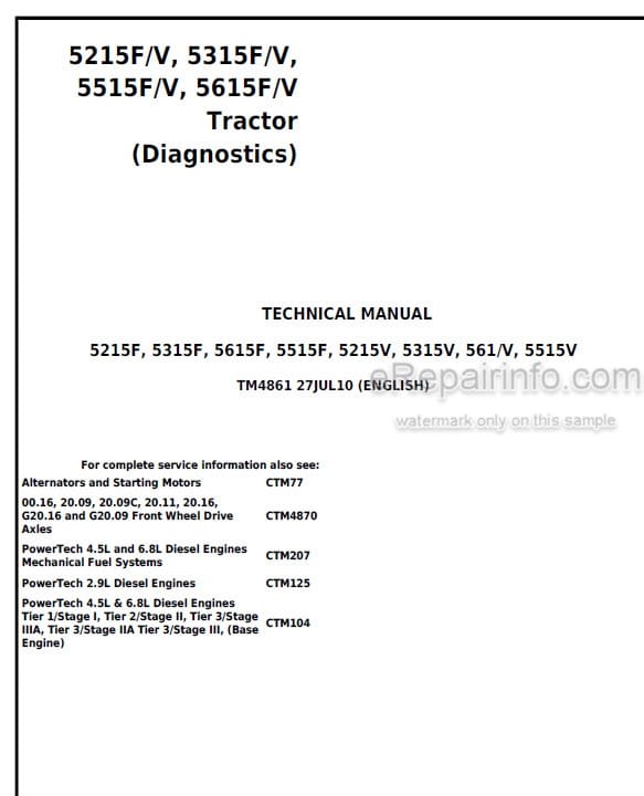 Photo 5 - John Deere 5215F 5215V 5315F 5315V 5515F 5515V 5615F 5615V Technical Repair And Diagnostic Manual Tractor TM4861