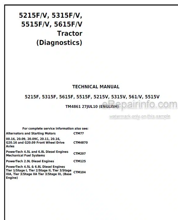 Photo 5 - John Deere 5215F 5215V 5315F 5315V 5515F 5515V 5615F 5615V Technical Repair And Diagnostic Manual Tractor TM4861