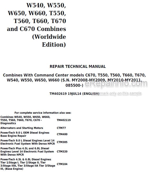 Photo 5 - John Deere W540 W550 W650 W660 T560 T660 T670 C670 Repair Technical Manual Combine TM402619