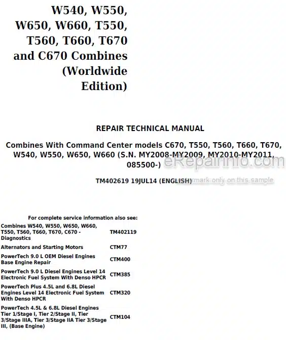 Photo 5 - John Deere W540 W550 W650 W660 T560 T660 T670 C670 Repair Technical Manual Combine TM402619