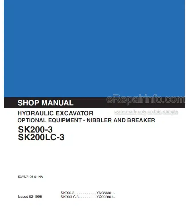 Photo 5 - Kobelco SK200-3 SK200LC-3 Shop Manual Excavator Nibbler Breaker S3YN7106-01NA